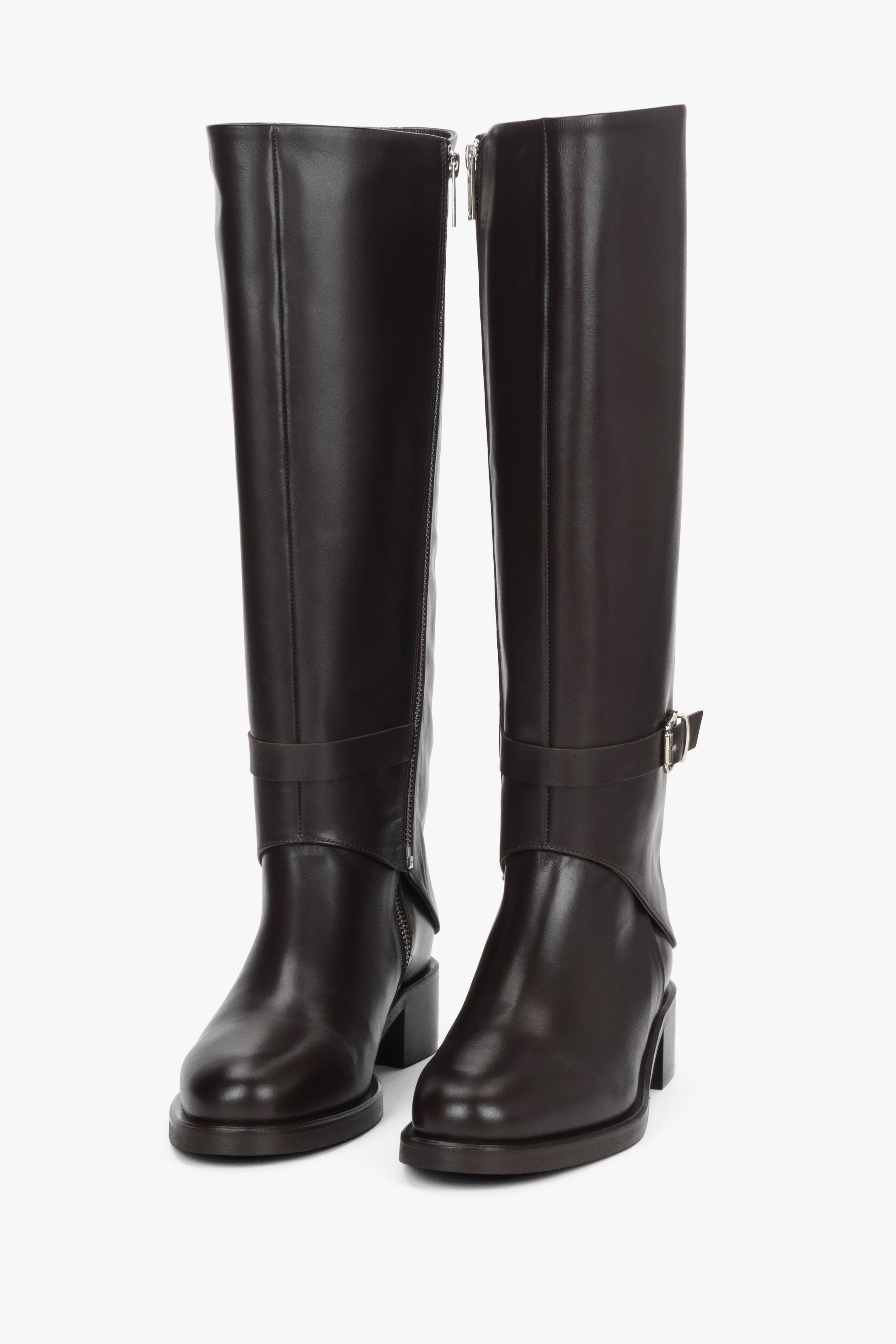 Dark brown leather 2-in-1 ankle and knee-high boots with decorative buckle Estro.
