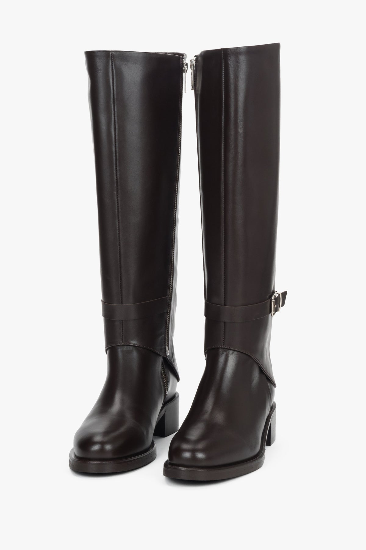 Dark brown leather 2-in-1 ankle and knee-high boots with decorative buckle Estro.
