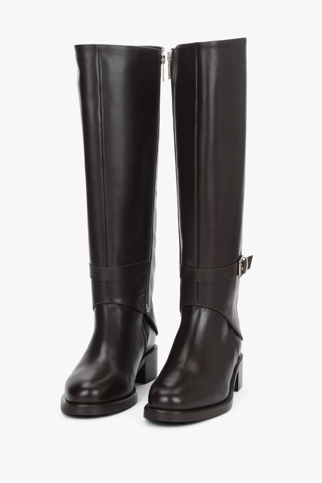 Dark brown leather 2-in-1 ankle and knee-high boots with decorative buckle Estro.
