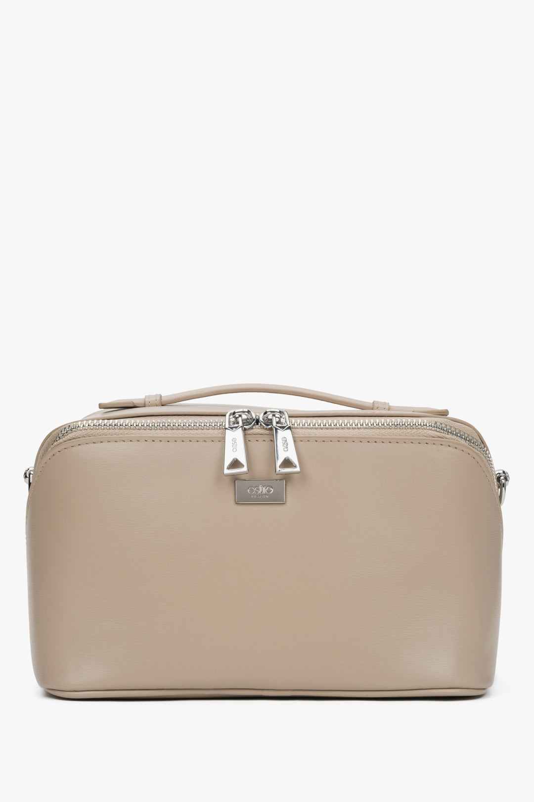 Women's compact makeup bag in beige and grey leather by Estro.