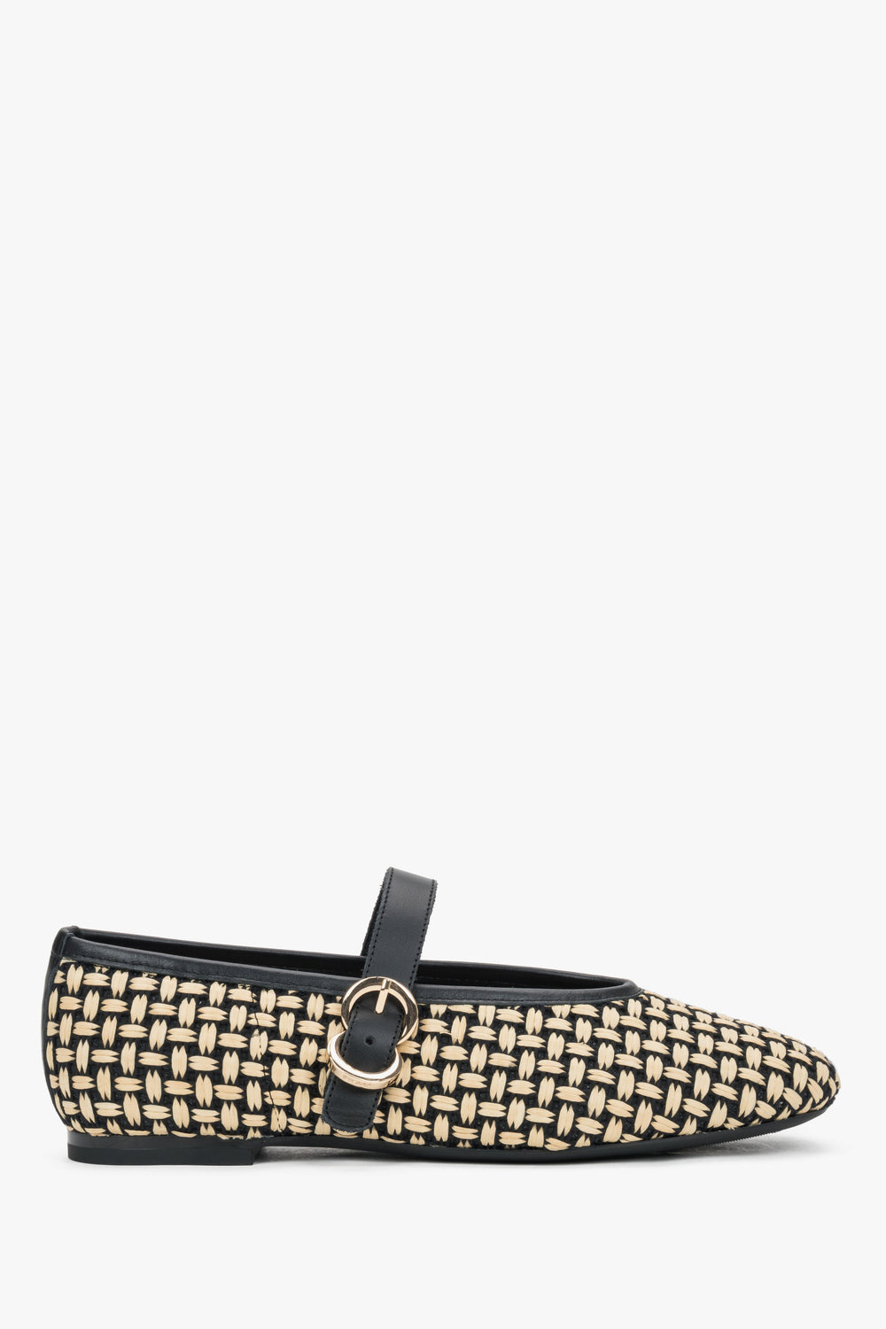 Women's Beige & Black Woven Ballet Flats with Leather Trim and Gold Buckle Frau ER00119947.