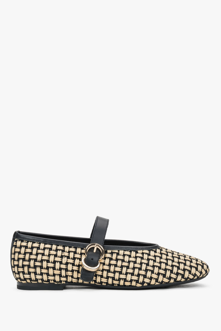 Women's Beige & Black Woven Ballet Flats with Leather Trim and Gold Buckle Frau ER00119947.