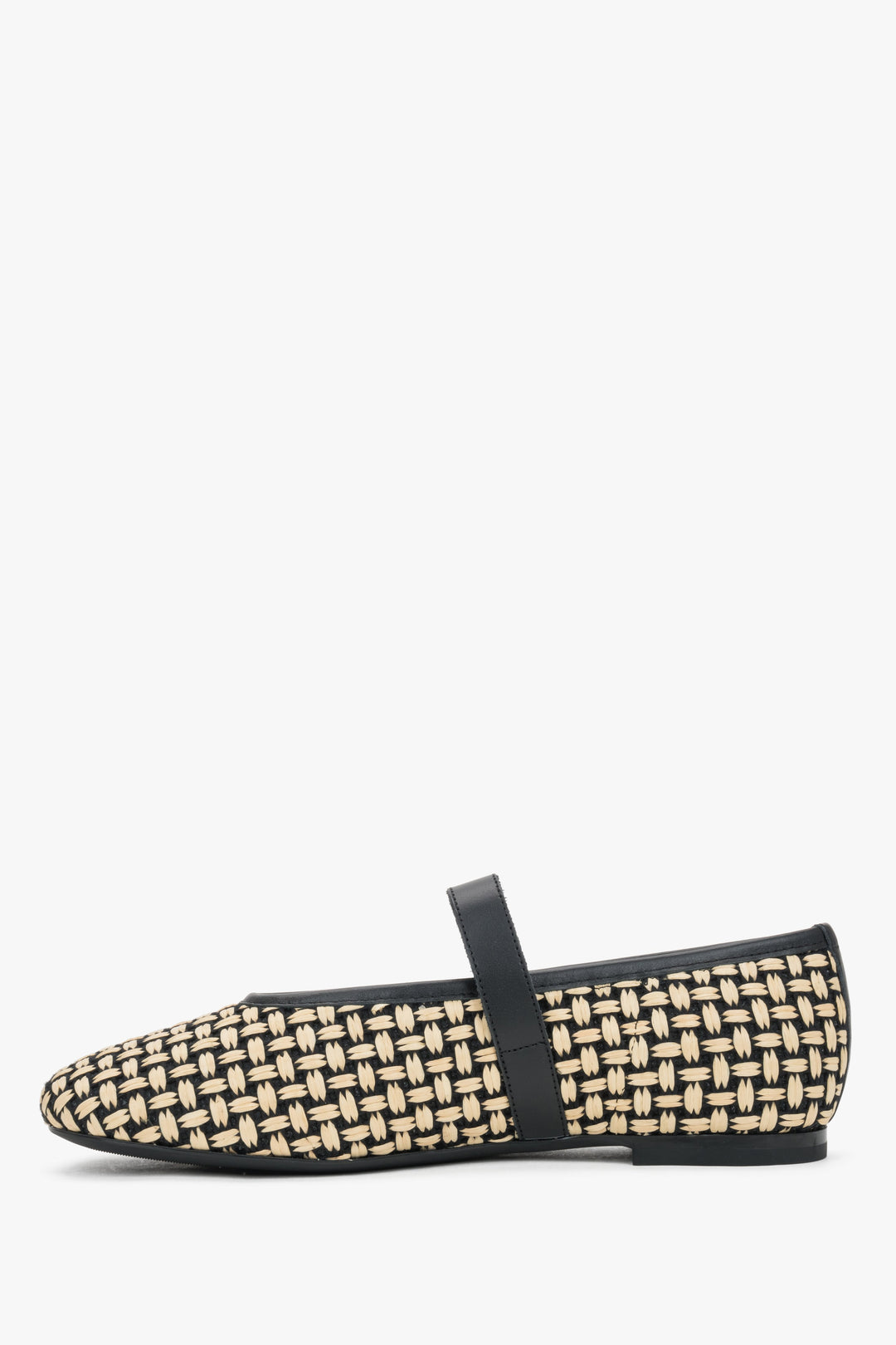 Women's beige and black woven ballet flats with premium leather details and a gold buckle, Frau.