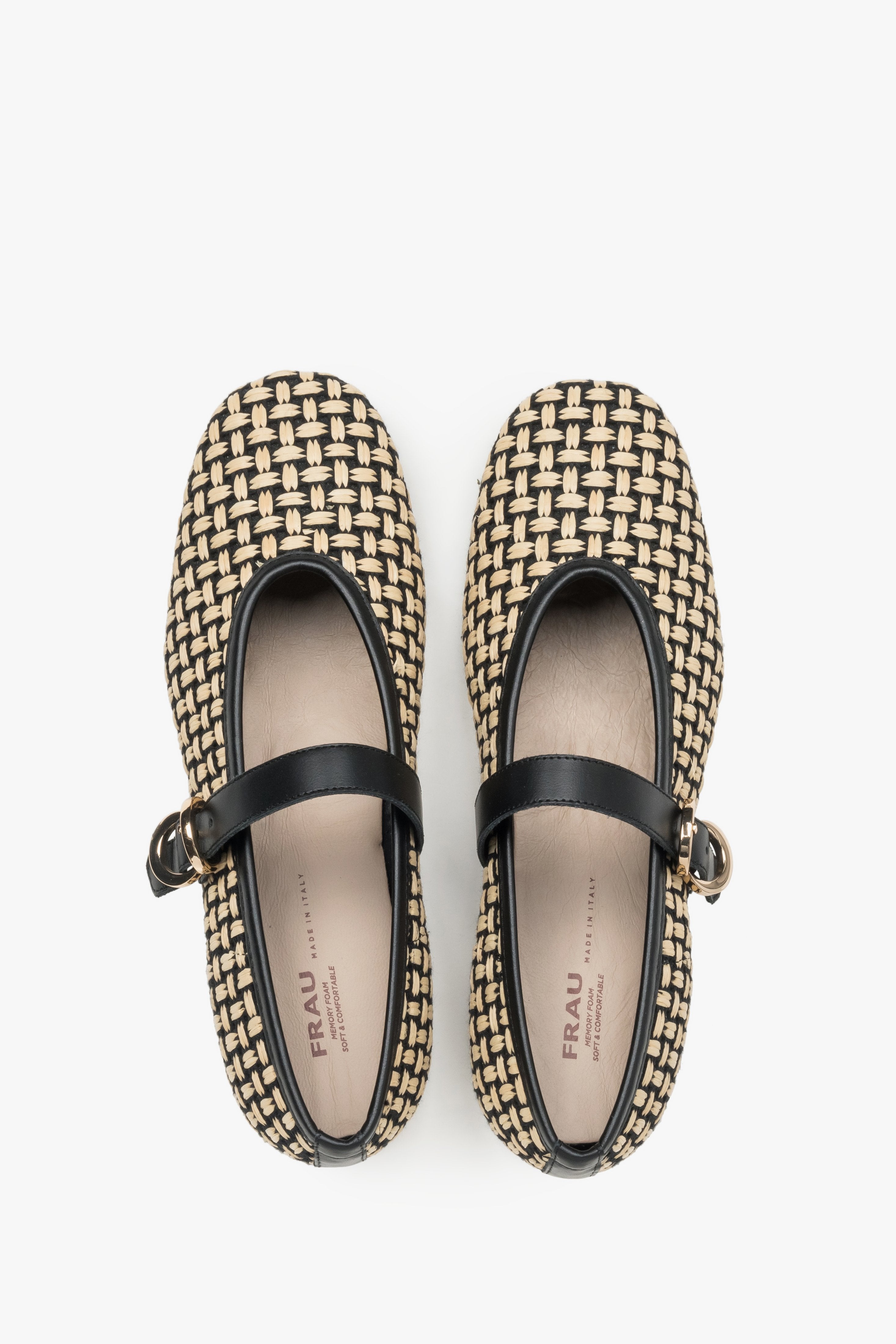 Woven ballet flats for women, beige with black leather trim and an elegant gold buckle, Frau.