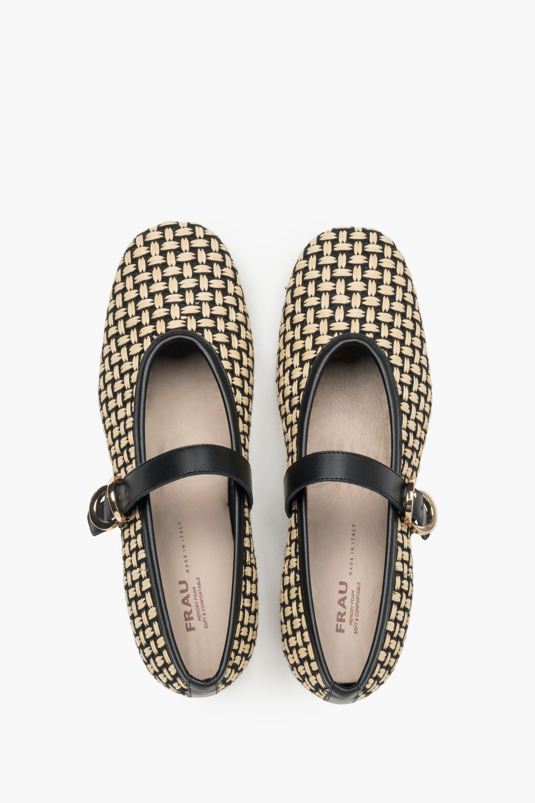 Woven ballet flats for women, beige with black leather trim and an elegant gold buckle, Frau.