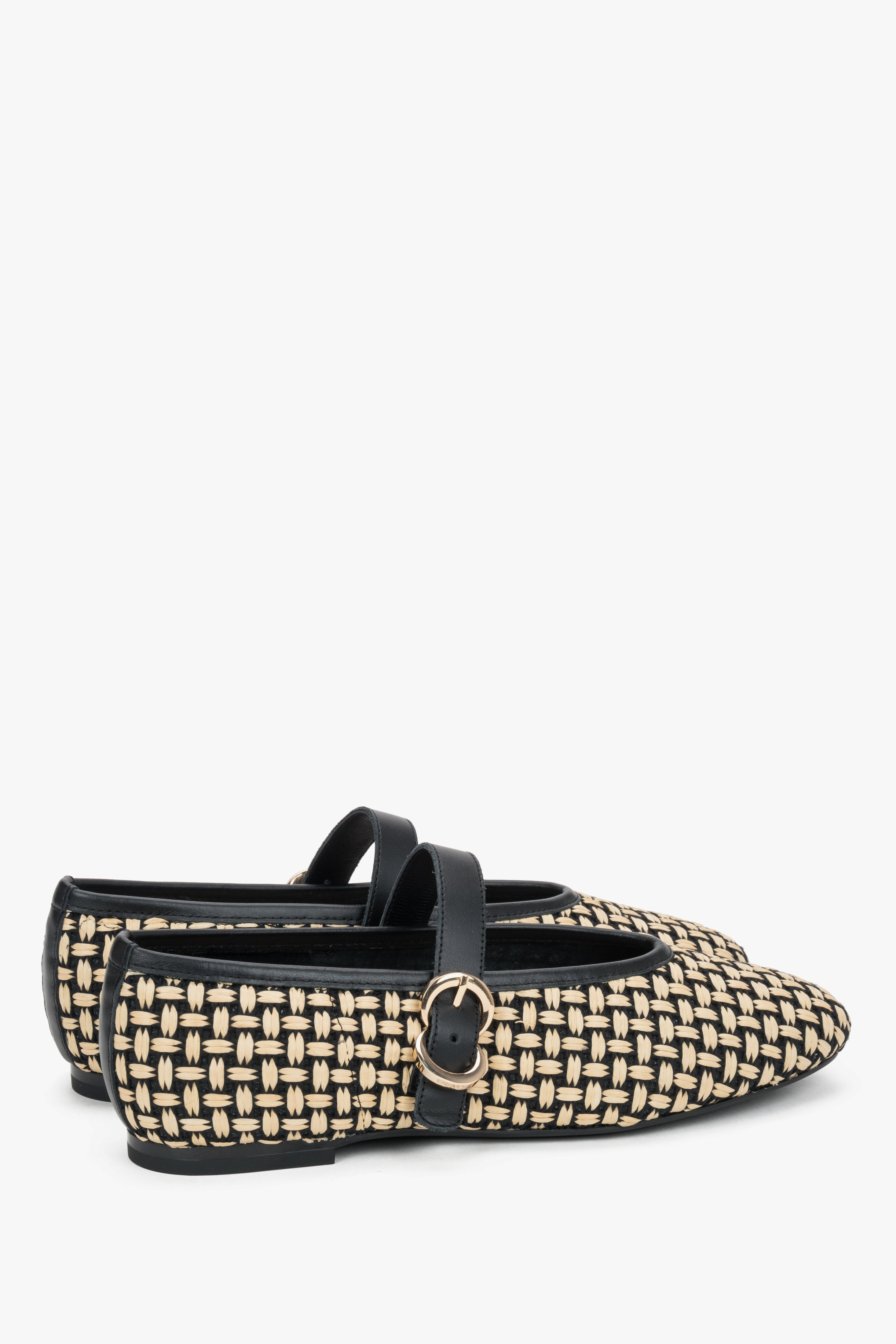 Beige woven women's Mary Jane ballet flats with black leather finishes and a gold buckle by Frau.