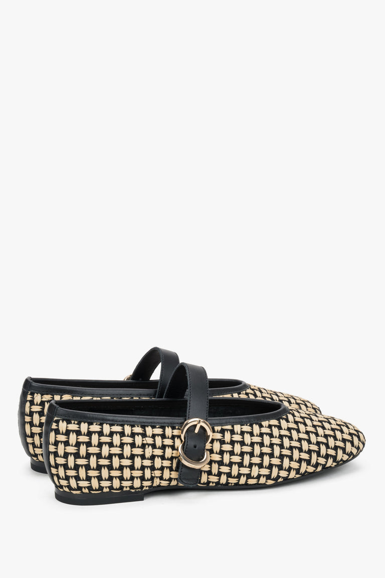 Beige woven women's Mary Jane ballet flats with black leather finishes and a gold buckle by Frau.