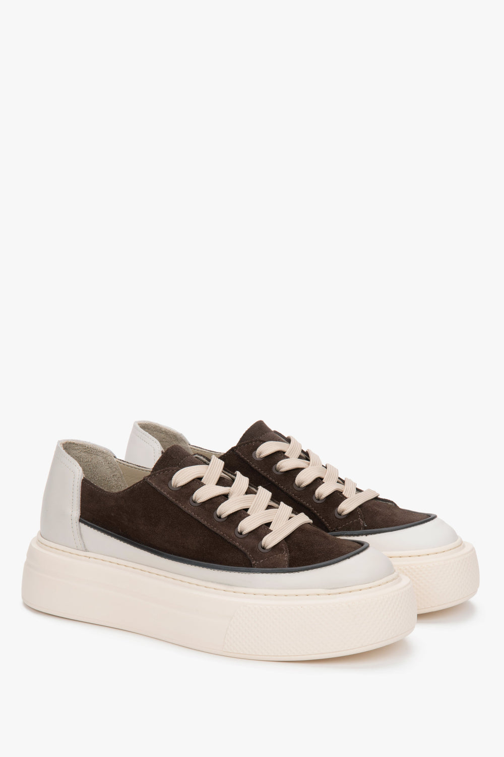 Women’s Brown & Beige Platform Sneakers in Premium Italian Leather and Velour Estro ER00119618.