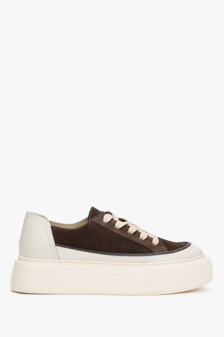 Beige and brown women's platform sneakers made of Italian leather and Premium velour.