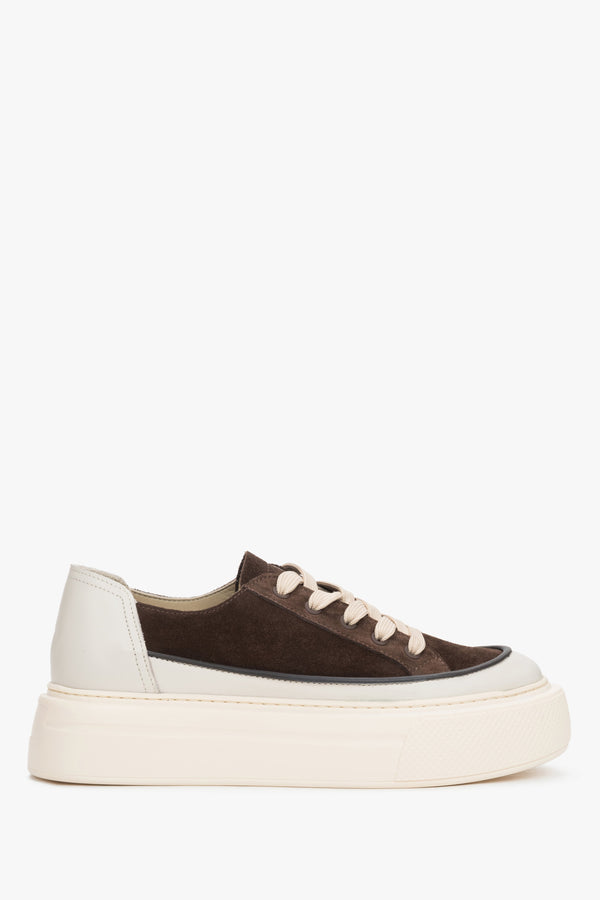 Beige and brown women's platform sneakers made of Italian leather and Premium velour.