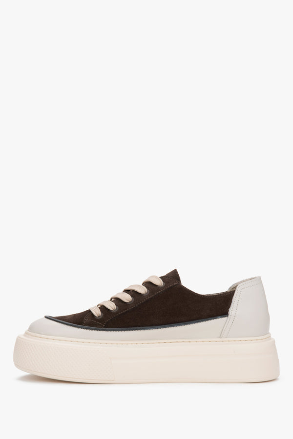Women's beige and brown platform sneakers, crafted from Premium natural Italian leather and velour by Estro.