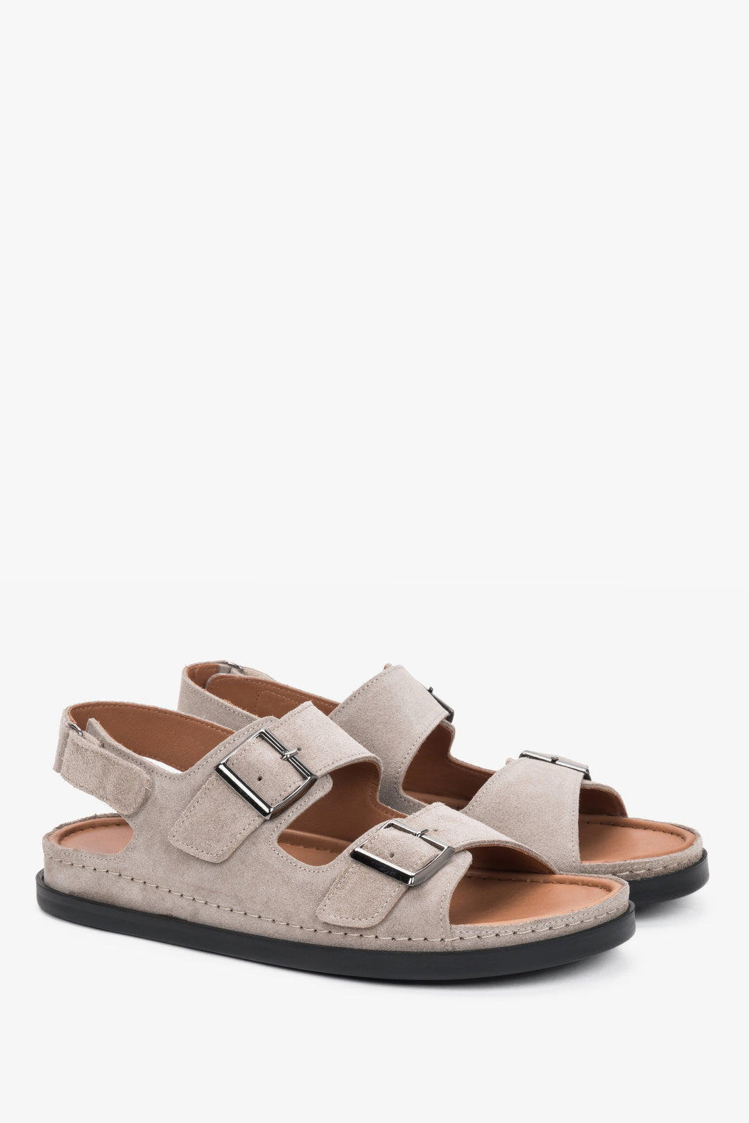 Women’s beige  comfort velour sandals with adjustable straps.