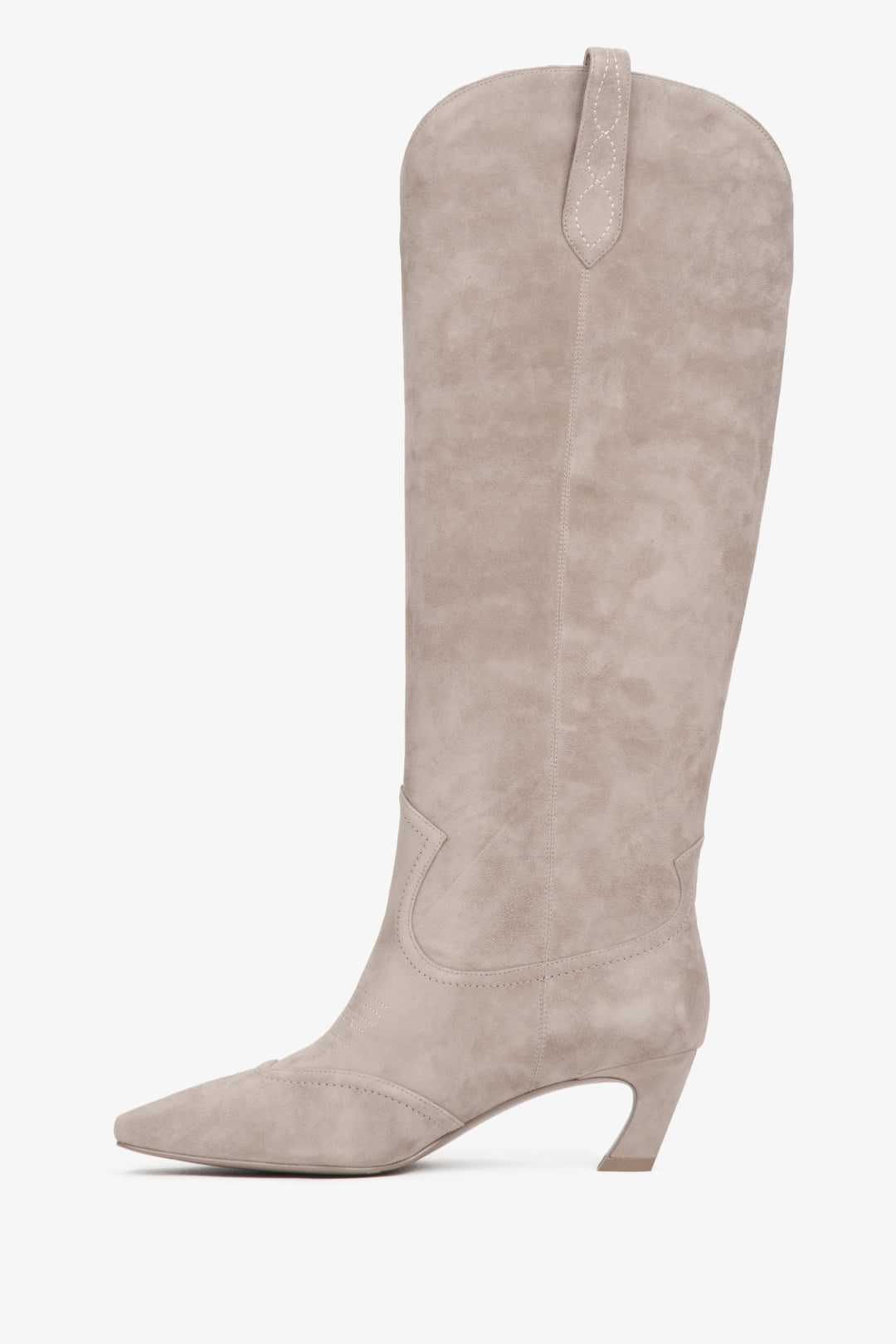 Women's tall beige cowboy boots in soft natural suede, designed by Estro.