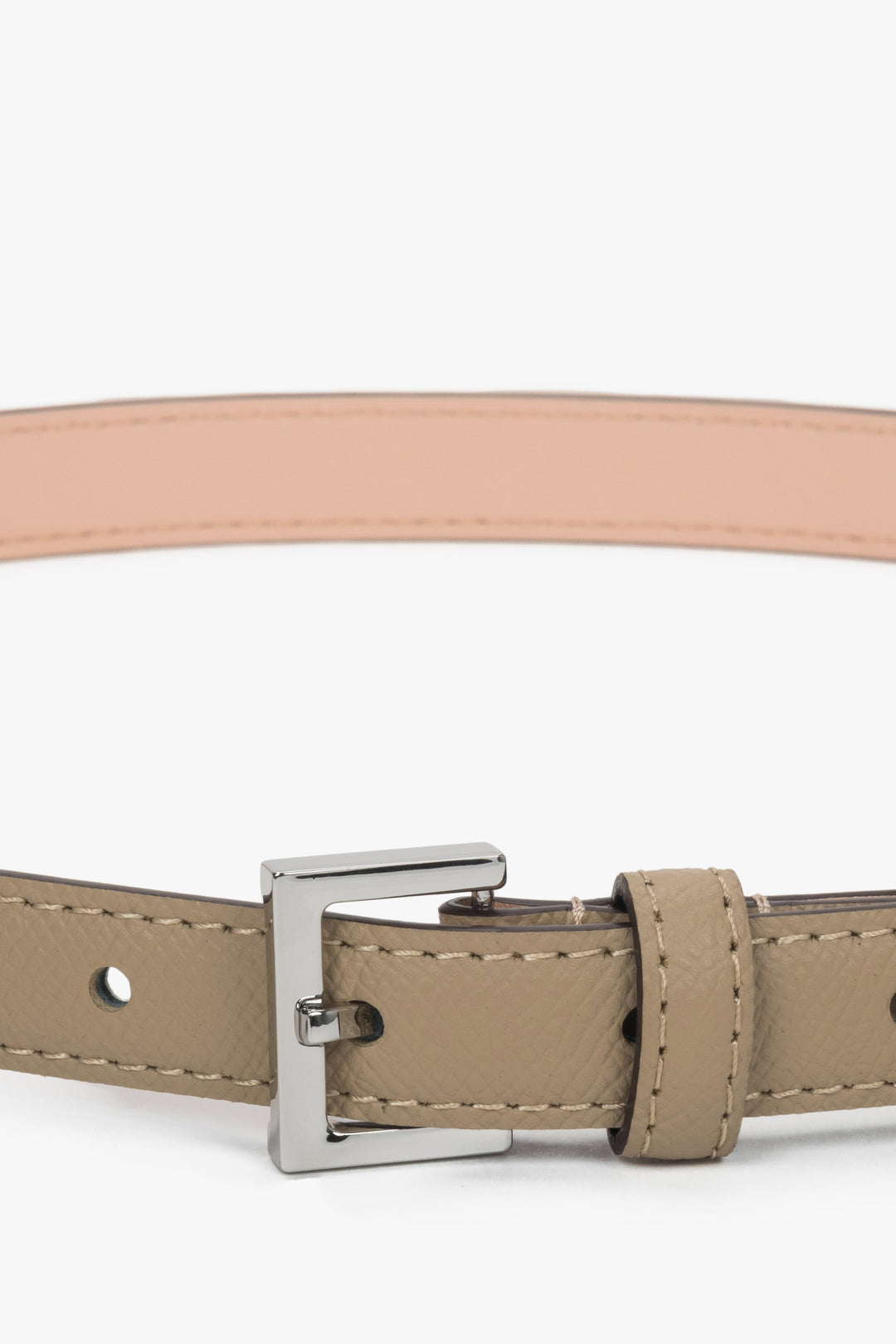 Subtle women's beige genuine leather belt with refined silver details, Estro ER00118276.