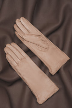 Women's Beige Genuine Leather Gloves with Decorative Stitching Estro ER00118424.