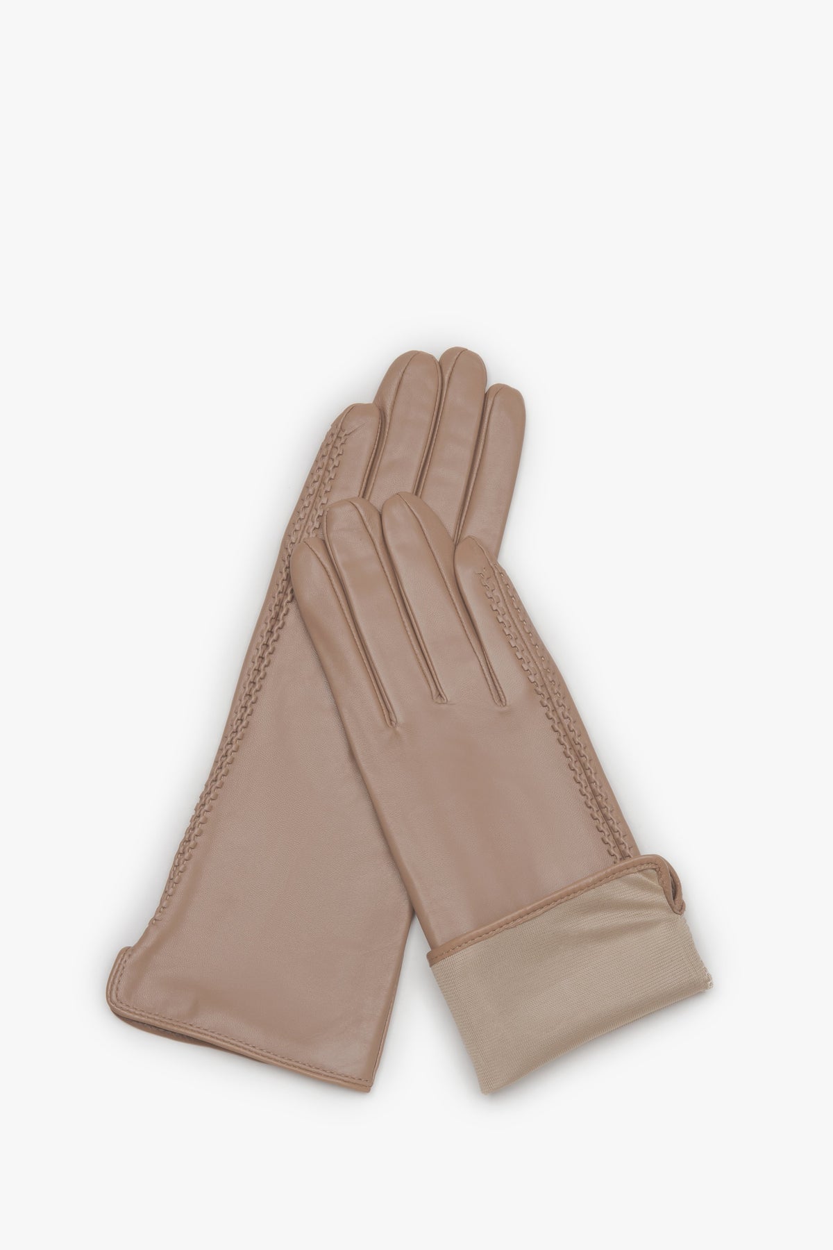 Women's beige genuine leather gloves with decorative stitching Estro.