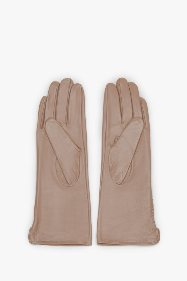 Women's beige gloves made of genuine leather with decorative stitching Estro.
