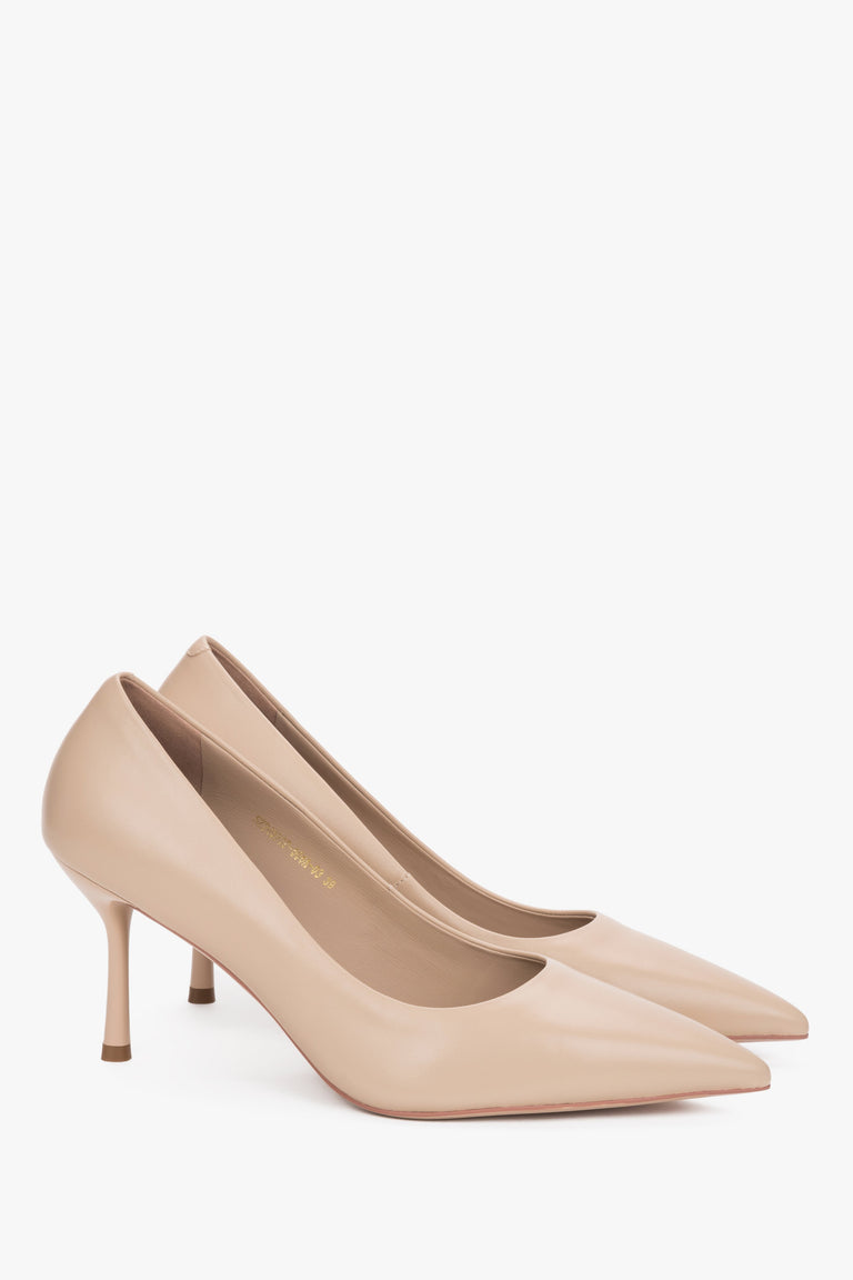 Beige Women's Genuine Leather Pointed Toe Stiletto Pumps.
