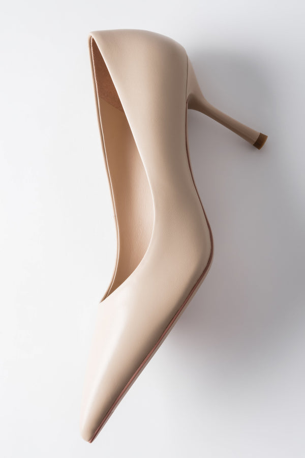 Classic Women's Stiletto Heels in Beige Genuine Leather with Pointed Toe.