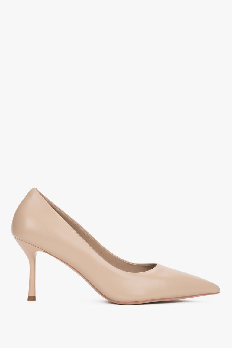 Beige Women's Genuine Leather High Heels with Pointed Toe.