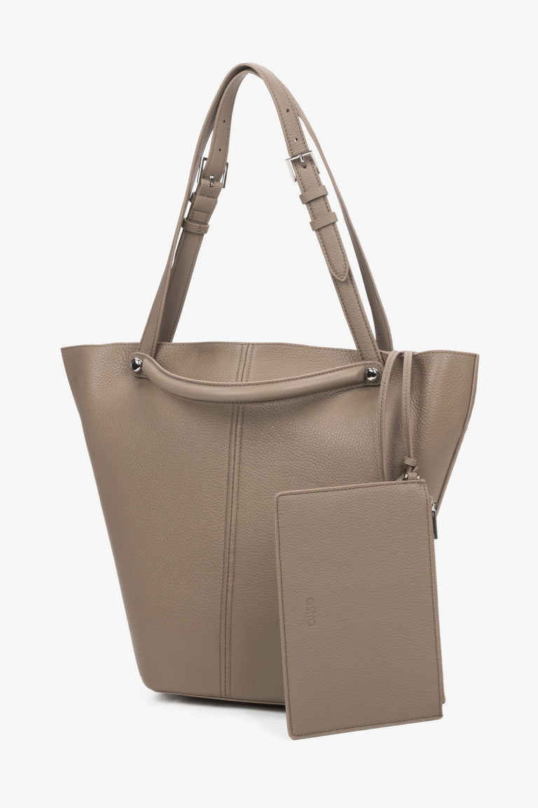 Estro – Women's Beige Genuine Leather Tote Bag With Adjustable Handles ER00120124.
