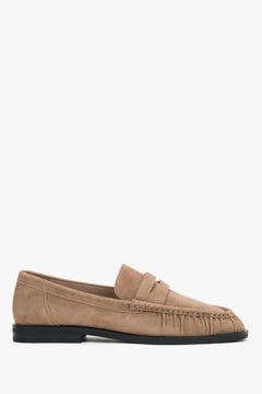 Women's beige natural velour loafers with decorative stitching Estro.