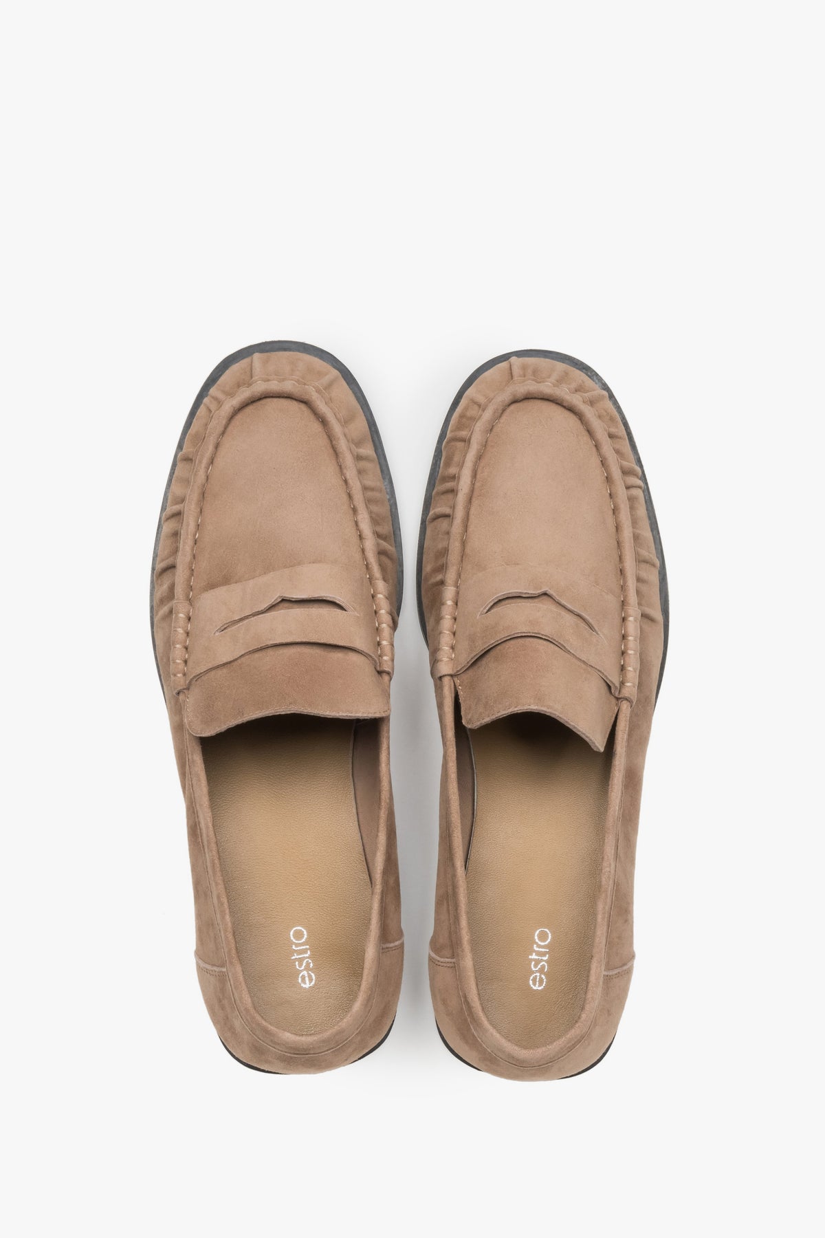 Women's beige natural velour loafers with decorative stitching Estro.
