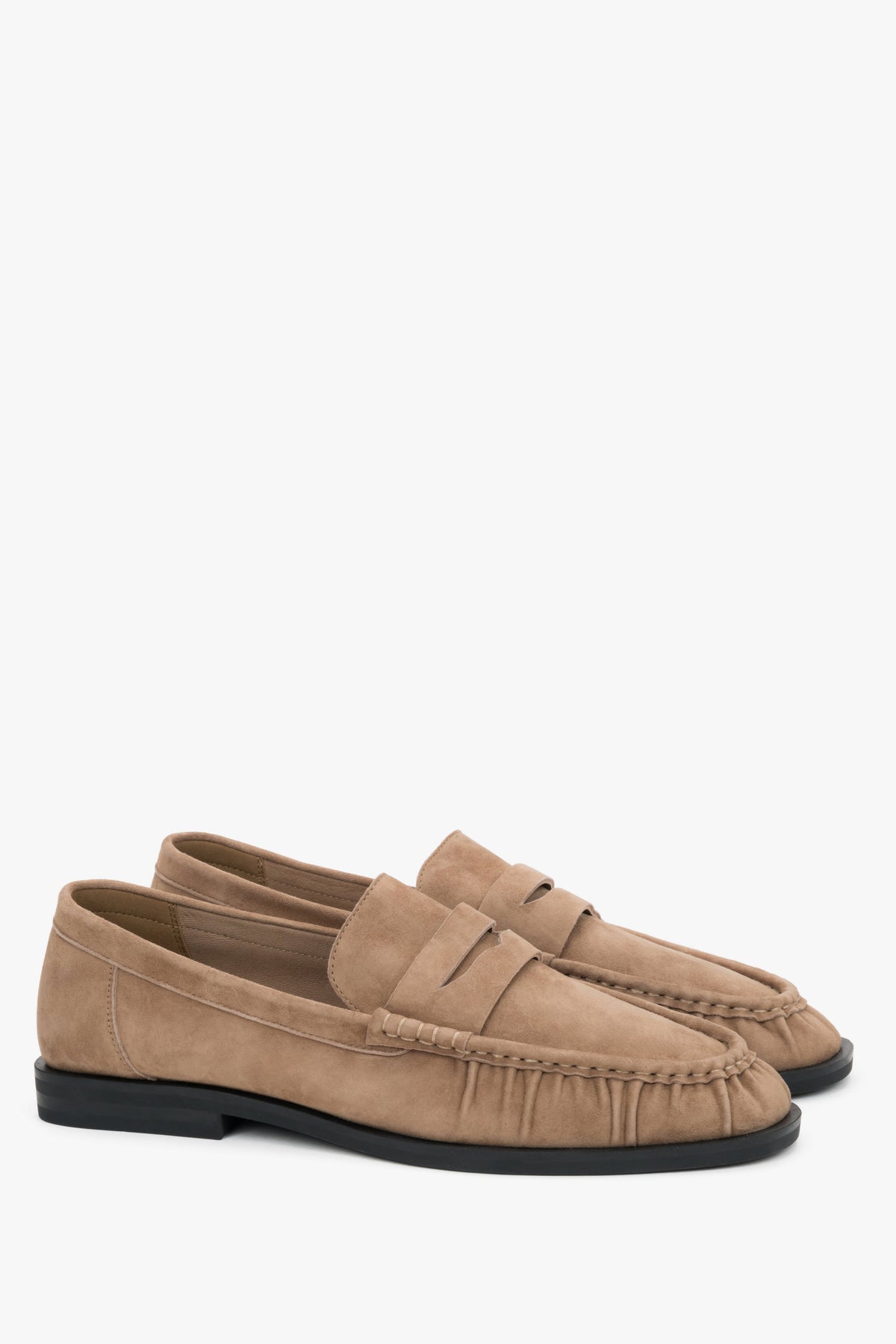 Women's beige natural velour loafers with decorative stitching Estro.