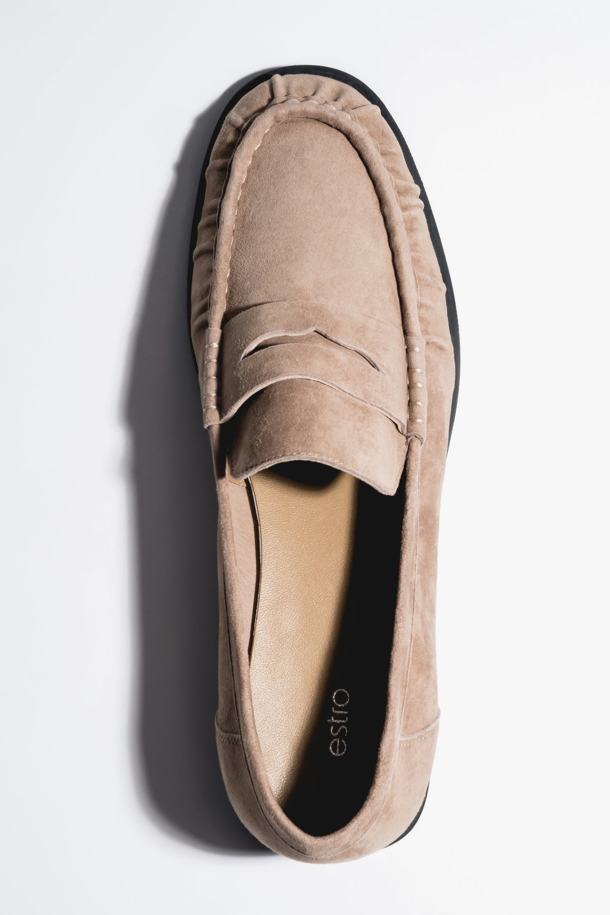 Women's loafers, beige, made of natural velour, with decorative stitching, Estro.