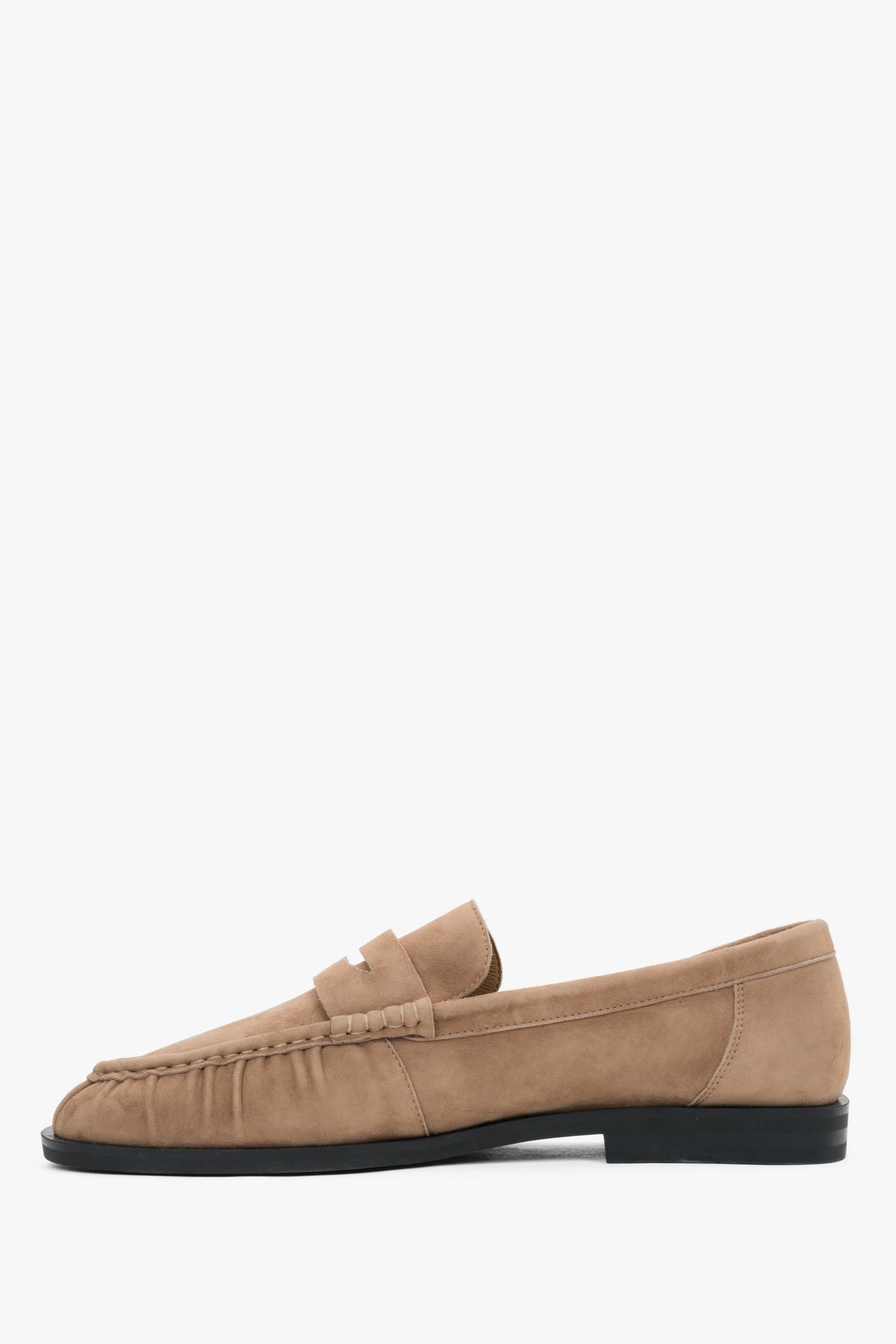 Women's loafers, beige, made of natural velour, with decorative stitching, Estro.
