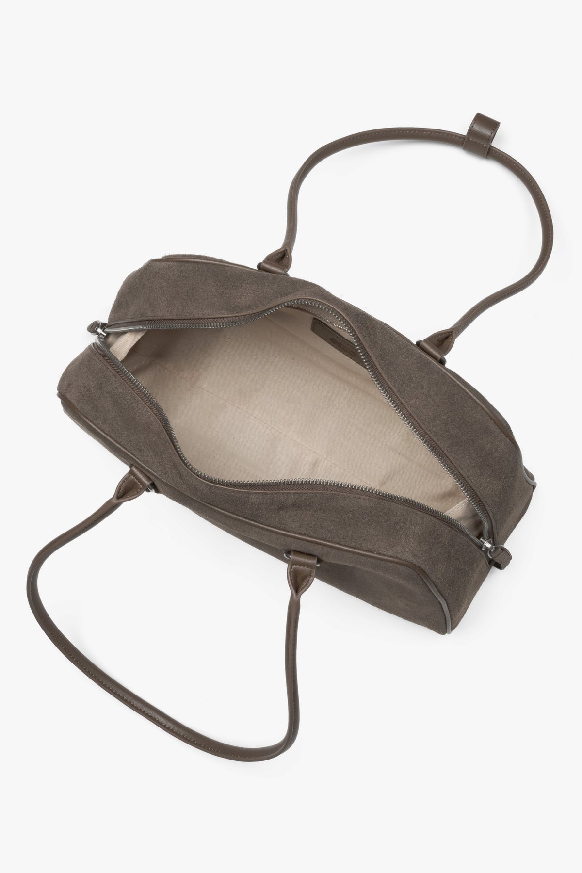 Front view of the women's Estro shoulder bag, showing the beige and grey velour and its long handle design.