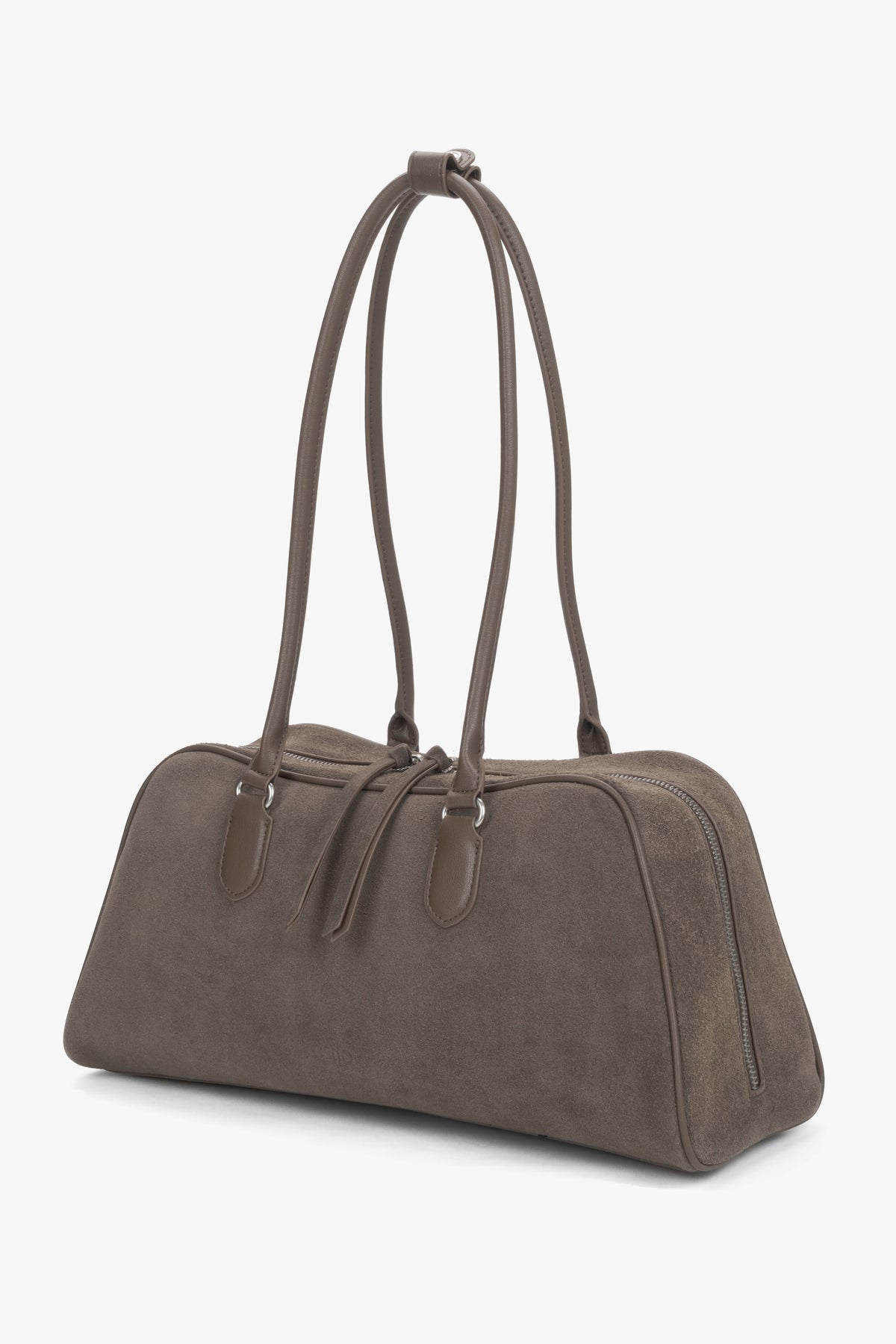 A shoulder bag for women by Estro in beige and grey velour, featuring long handles.