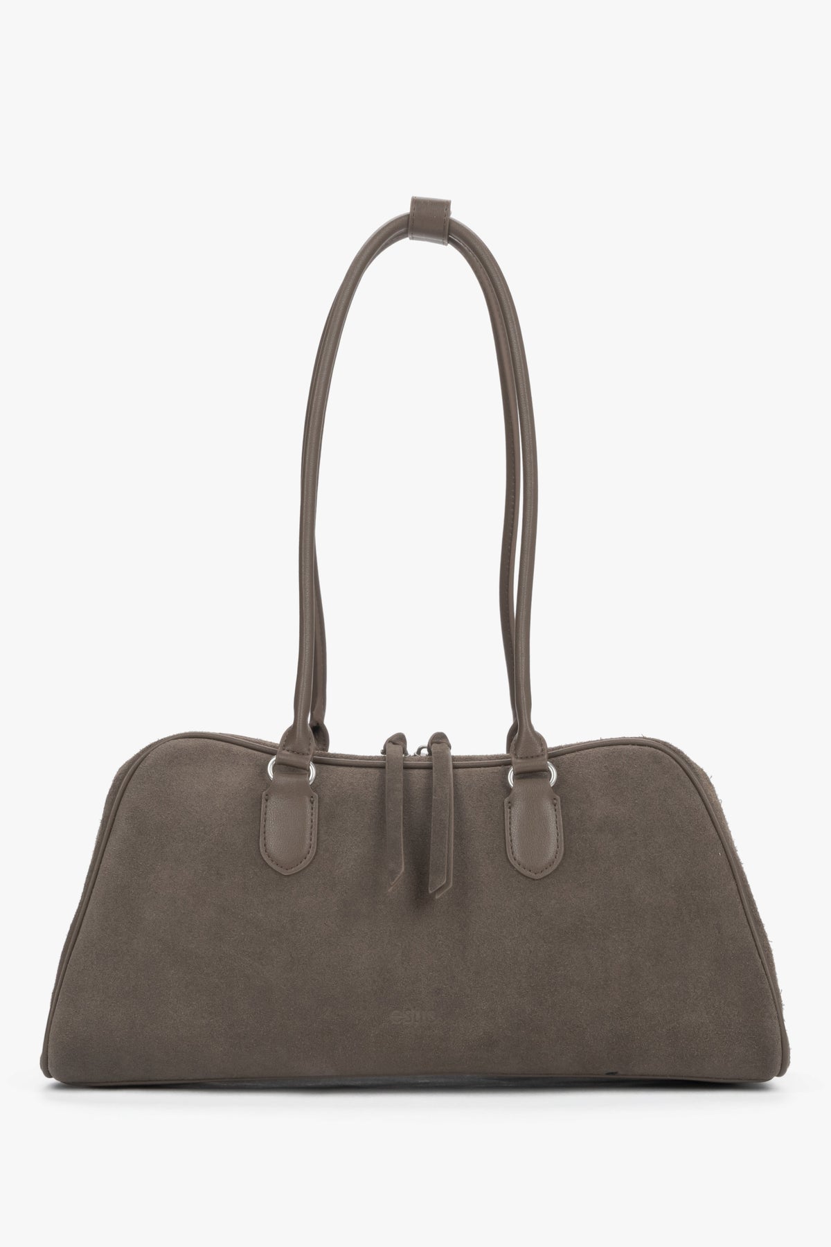 Women's beige and grey velour shoulder bag with long handles by Estro.