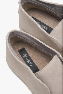 Beige platform loafers for women by Estro, crafted from luxurious genuine Italian suede.