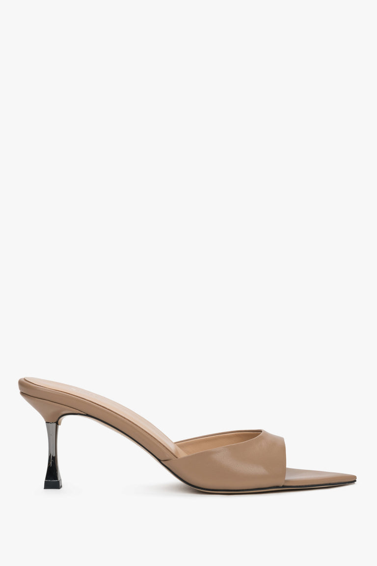 Side view of women's beige leather heeled mules by Estro