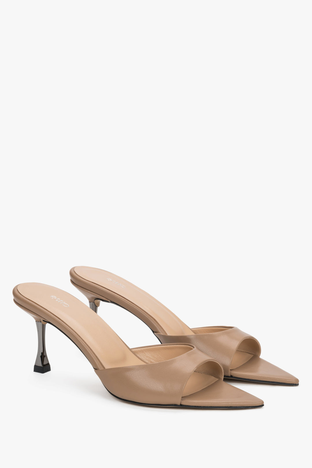 Angled view of women's beige leather pointed open toe mules by Estro