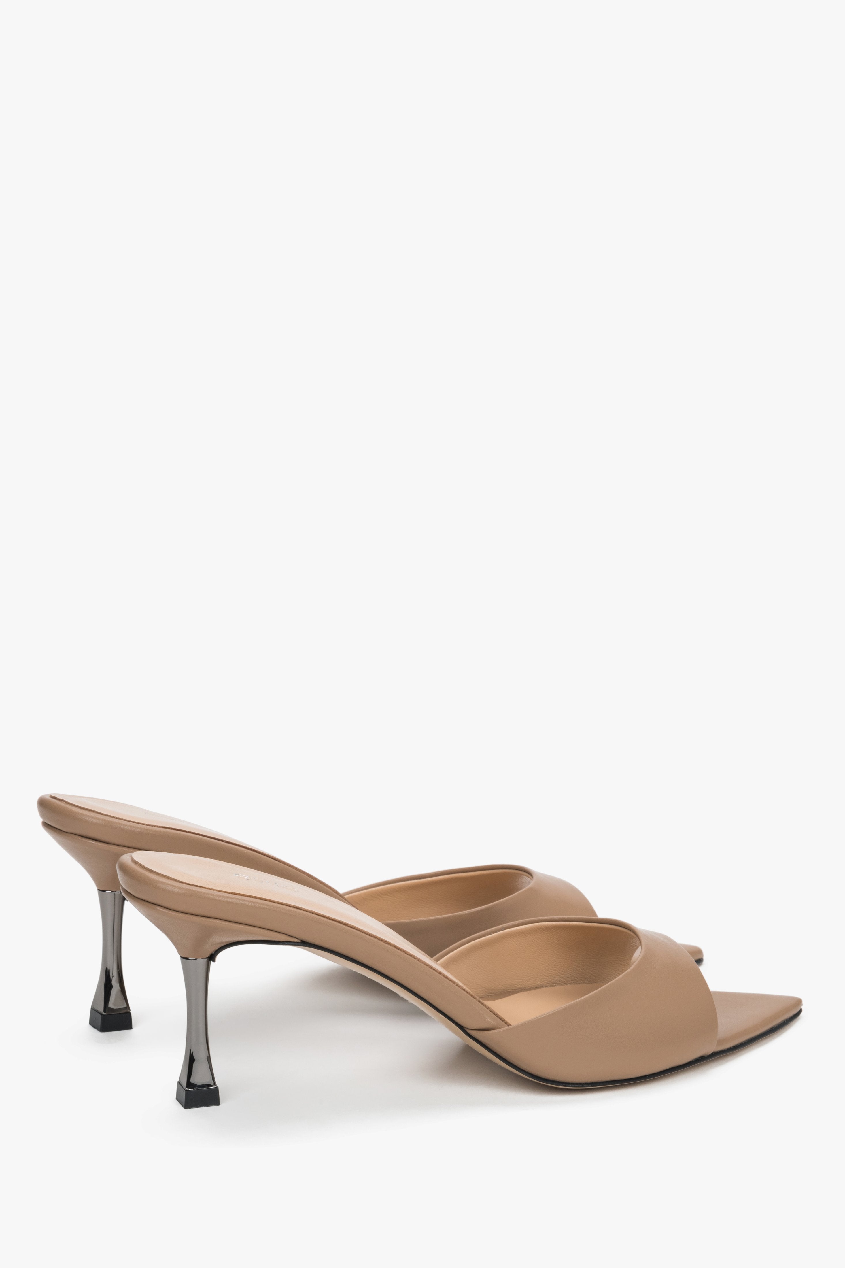 Side profile of women's beige leather heeled mules with stiletto heel