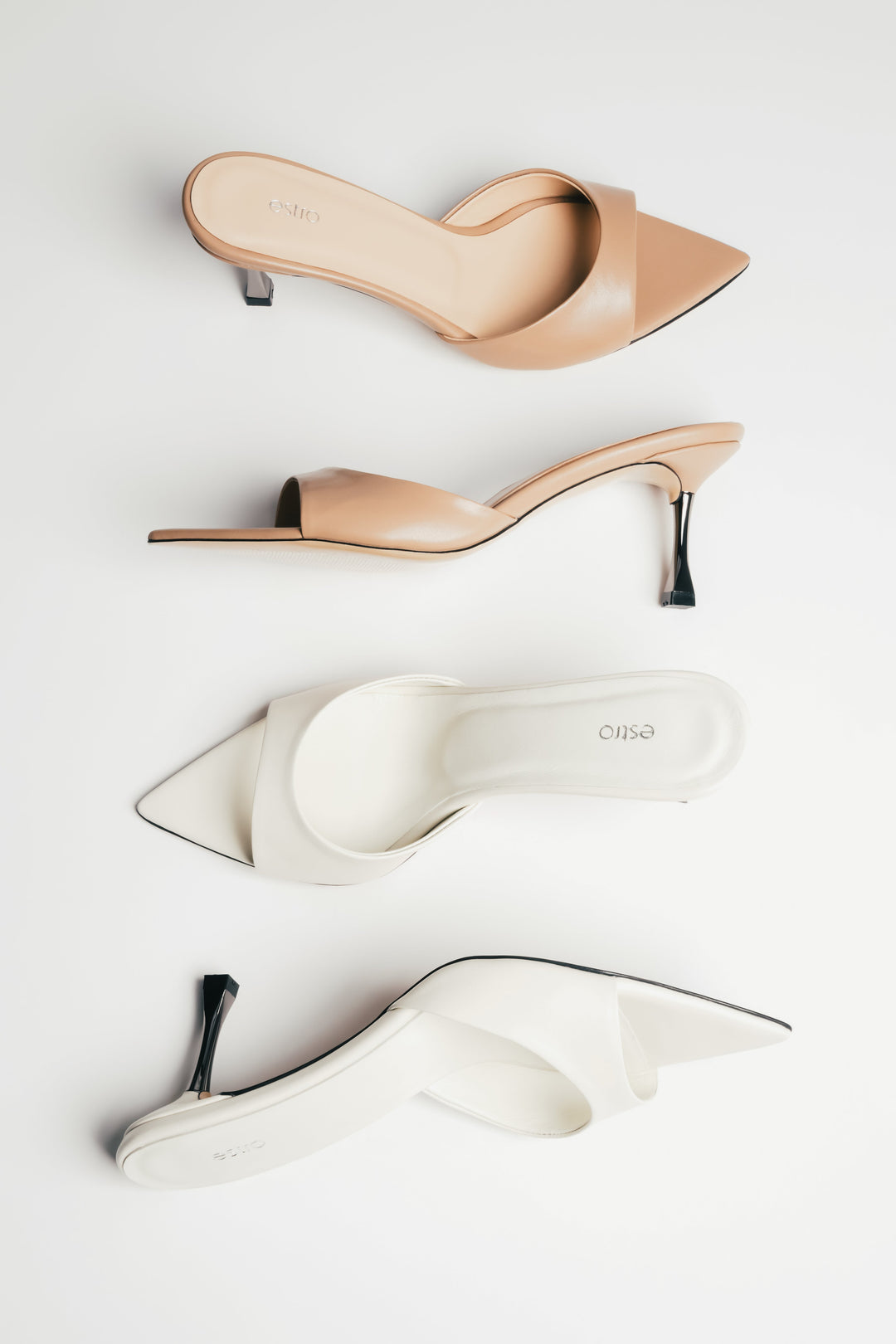 Multiple colour options of women's pointed heeled mules by Estro