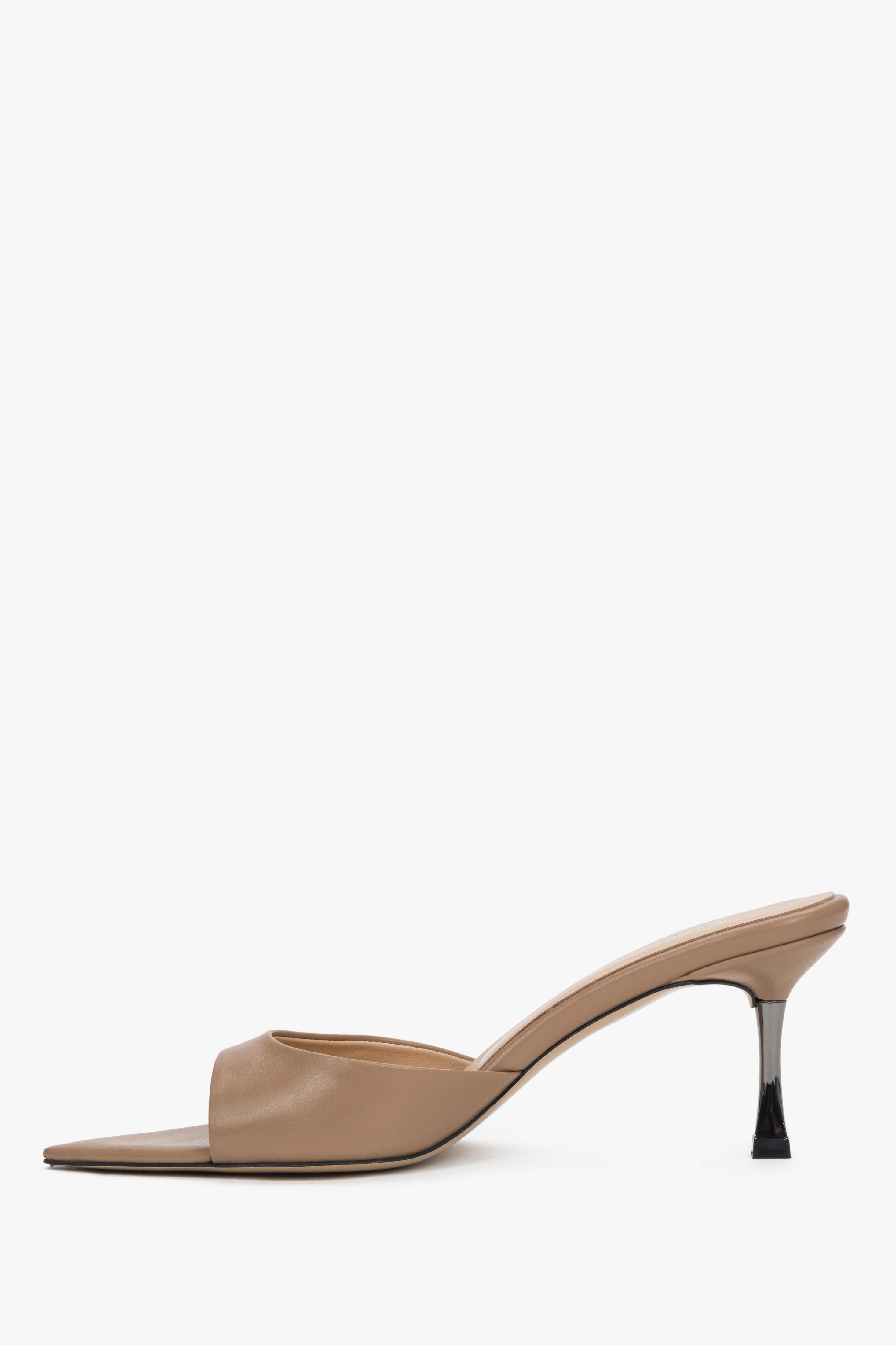 View from the left of women's beige leather heeled mules with stiletto heel