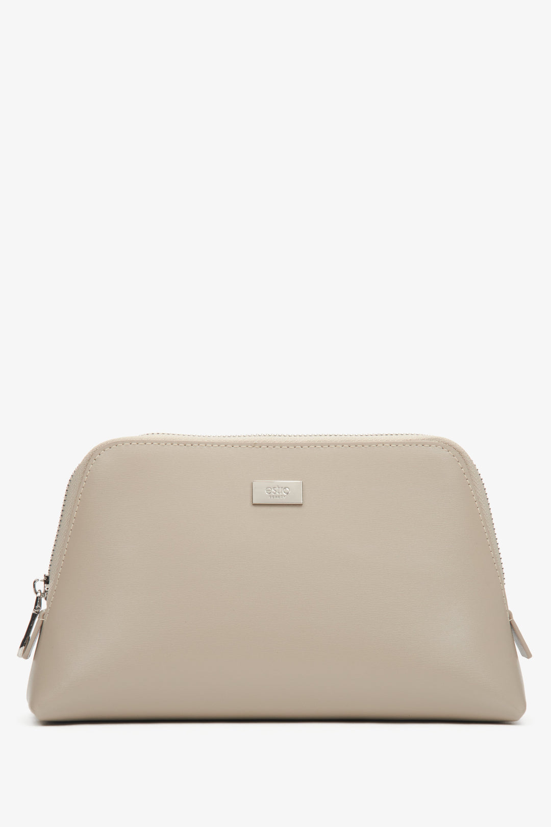 Women's beige leather makeup bag by Estro.