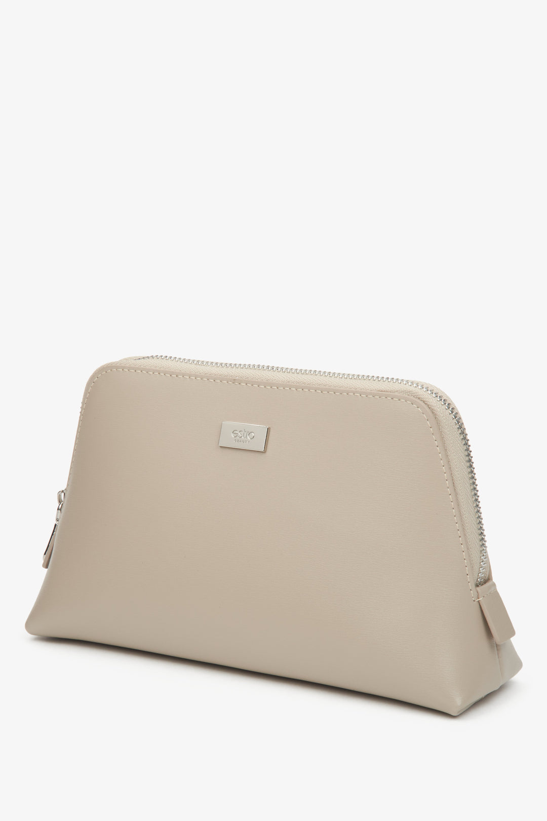 Beige leather makeup bag for women, designed by Estro.