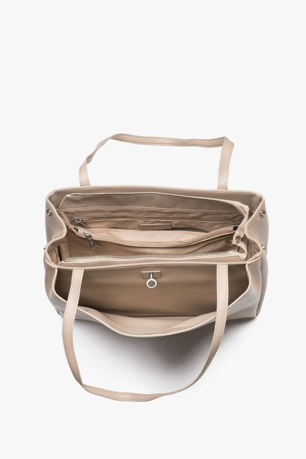 Top view of women's beige leather shoulder bag interior by Estro