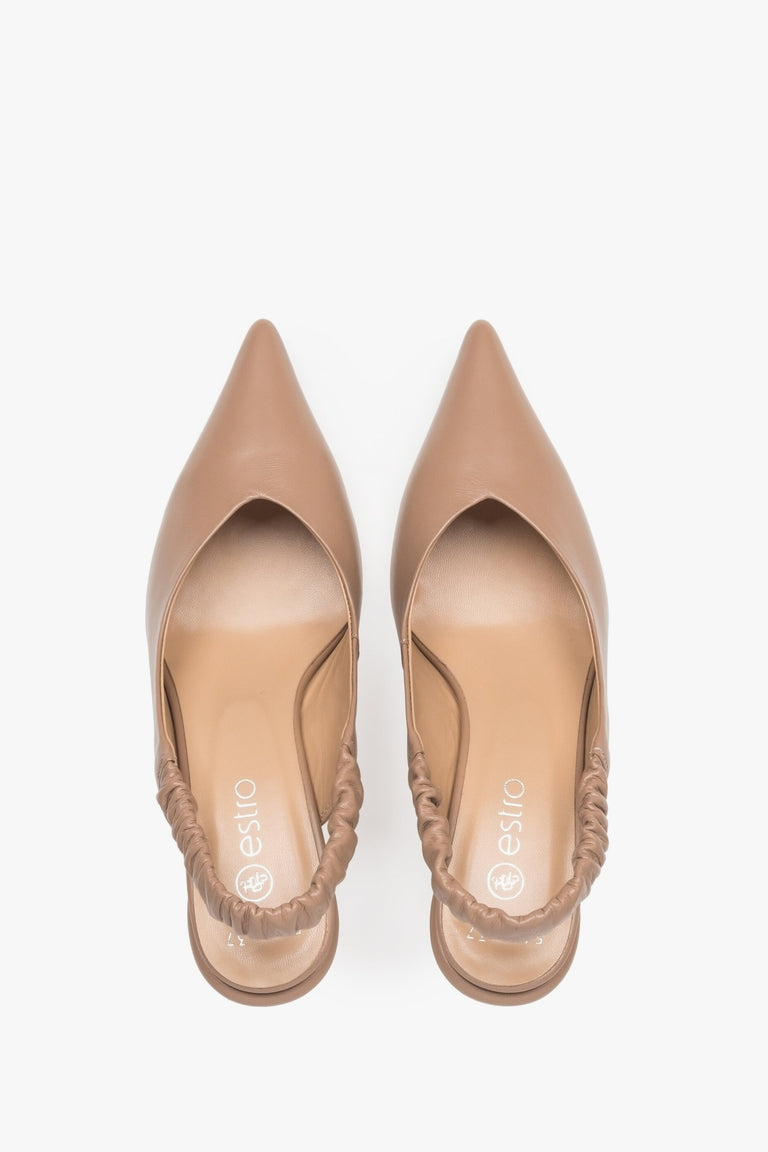 Women's beige leather slingback pumps - top view presentation of the model.