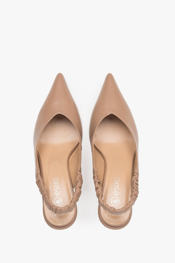Women's beige leather slingback pumps - top view presentation of the model.
