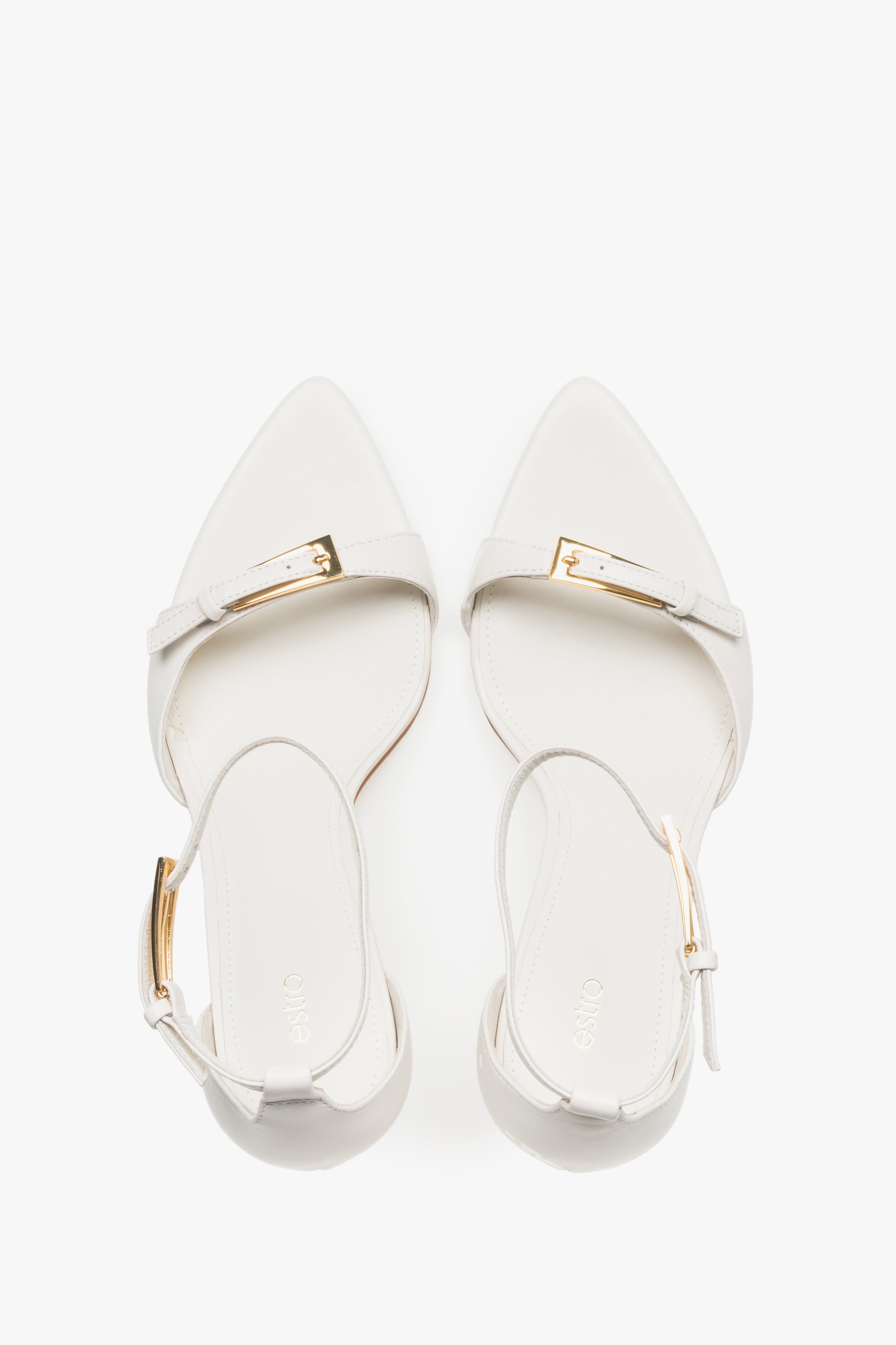 Top view of women's beige leather stiletto sandals by Estro.