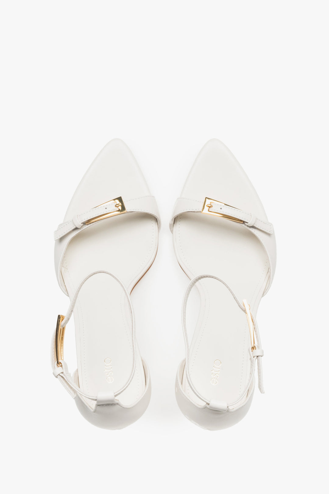 Top view of women's beige leather stiletto sandals by Estro.