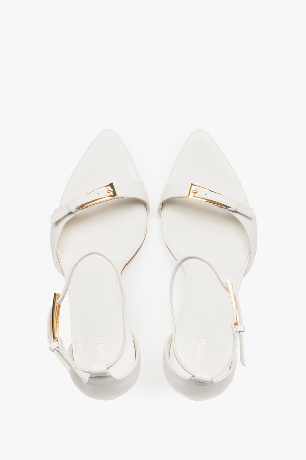 Top view of women's beige leather stiletto sandals by Estro.