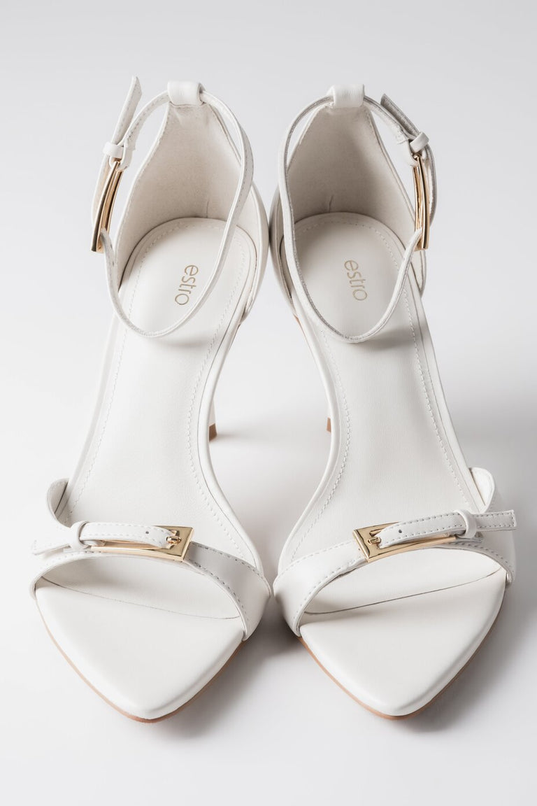 Women's Beige Leather Stiletto Sandals with Decorative Buckles Estro ER00119288.