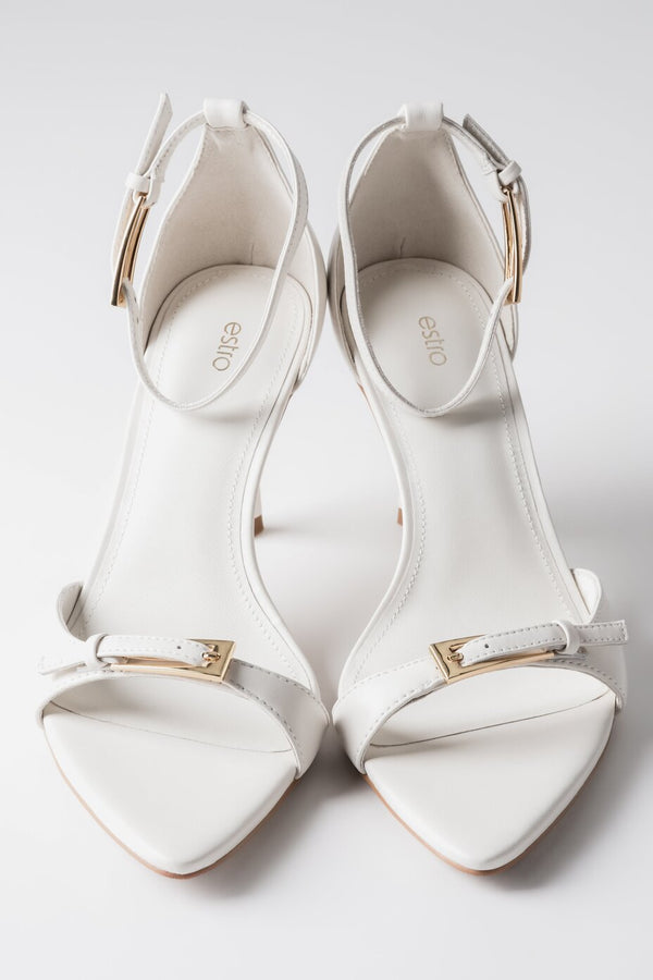 Women's Beige Leather Stiletto Sandals with Decorative Buckles Estro ER00119288.