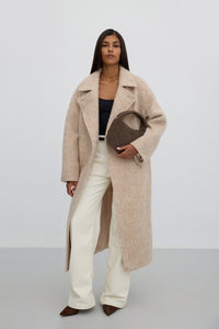 Women's Long Beige Belted Coat with Wool Blend Estro ER00115601.